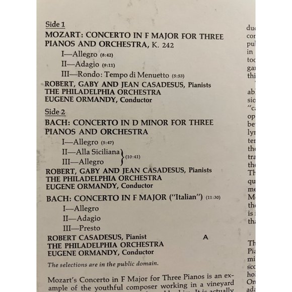 Classical Vinyl of Bach Concerto for 3 Pianos and Mozart's Concerto for 3 Pianos - Picture 8 of 11